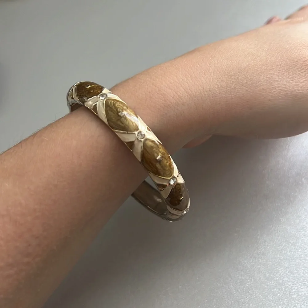 Brown Silver Chunky Bangle Bracelet Hand Painted Rhinestone